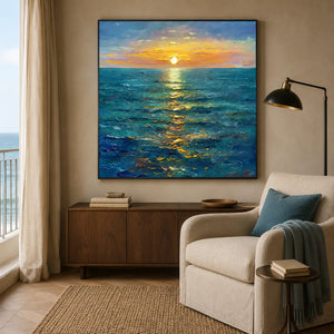 Sunlit Tide Seascape Wall Art displayed in a coastal reading corner | OILDECO