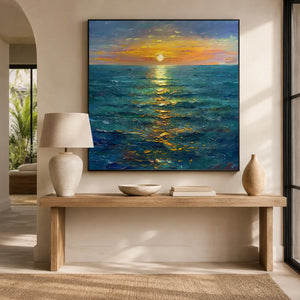 Sunlit Tide Seascape Wall Art styled above an entryway console | OILDECO