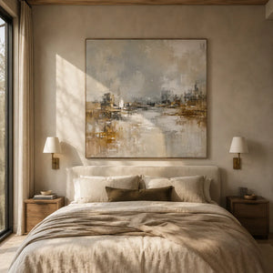 Misty Harbor Cityscape Wall Art room scene 2 | Oildeco