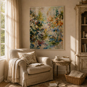 Meadow Veil Floral Wall Art styled in a reading corner | OILDECO