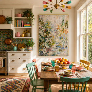 Meadow Veil Floral Wall Art in a colorful kitchen dining room | Oildeco