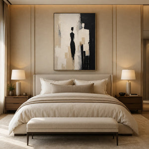 Shadow Pair Figure Wall Art shown in a calm bedroom setting | Oildeco