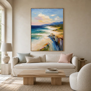 Coastal Cliff Landscape Wall Art styled in a living room | OILDECO