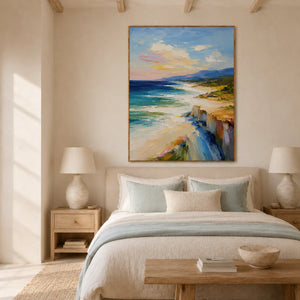 Coastal Cliff Landscape Wall Art styled in a bedroom | OILDECO
