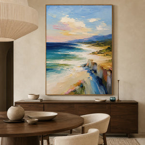 Coastal Cliff Landscape Wall Art styled in a dining room | OILDECO
