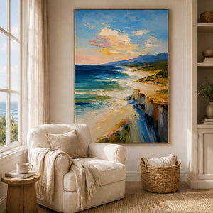 Coastal Cliff Landscape Wall Art styled in a reading corner | OILDECO