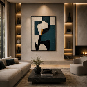 Teal Profile Abstract Wall Art styled in a modern living room | Oildeco