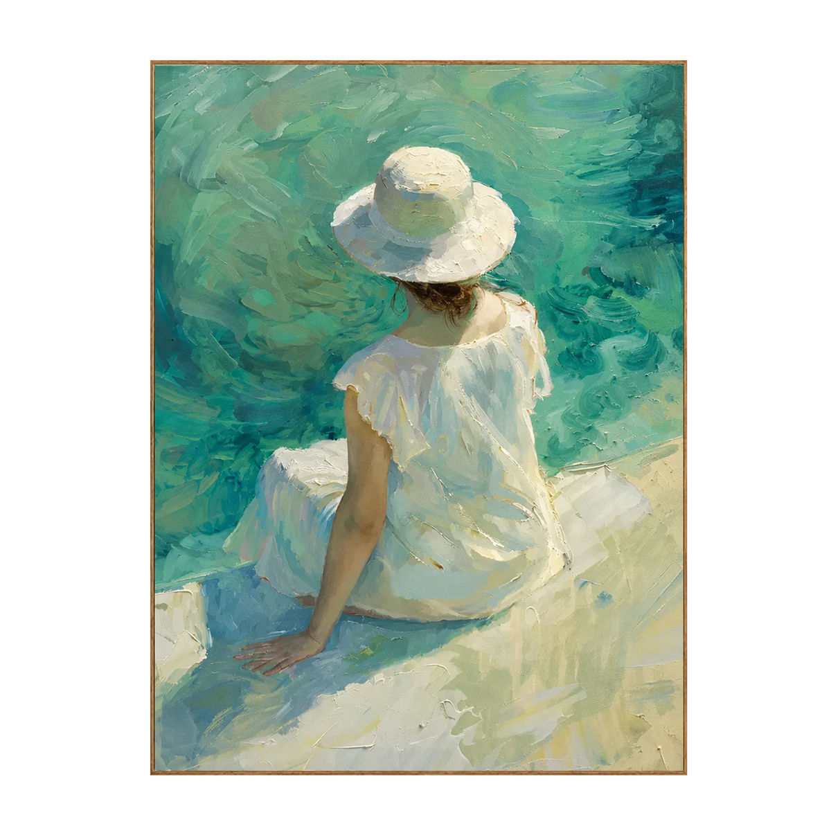 Sombrero de sol, figura en la orilla, arte de pared