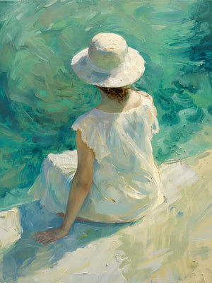 Original artwork view of Sun Hat Shore Figure Wall Art | OILDECO