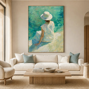 Sun Hat Shore Figure Wall Art styled in a bright coastal living room | OILDECO