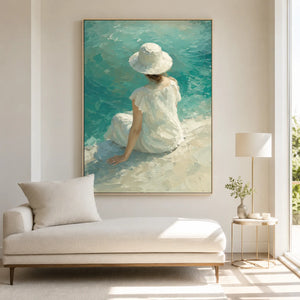 Sun Hat Shore Figure Wall Art displayed above a sunlit lounge chair | OILDECO