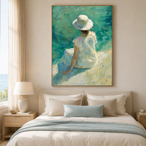 Sun Hat Shore Figure Wall Art styled above a serene coastal bedroom | OILDECO