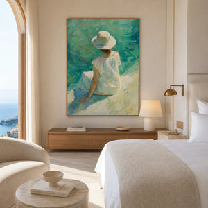 Sun Hat Shore Figure Wall Art displayed in a coastal bedroom retreat | OILDECO