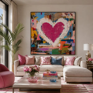 Pink Heart Abstract Wall Art room scene 6 | Oildeco