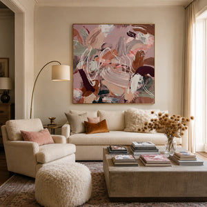 Blush Motion Abstract Wall Art styled in a soft neutral living room | OILDECO
