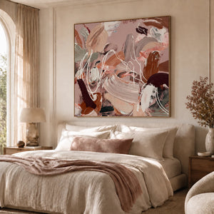 Blush Motion Abstract Wall Art displayed above an elegant bedroom | OILDECO