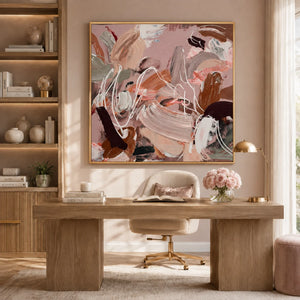 Blush Motion Abstract Wall Art styled in a warm contemporary office | OILDECO
