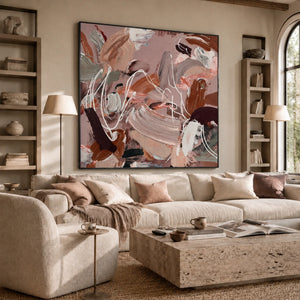 Blush Motion Abstract Wall Art displayed in a relaxed living room | OILDECO