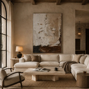 Earthen Divide Abstract Wall Art displayed in a bright dining room | Oildeco