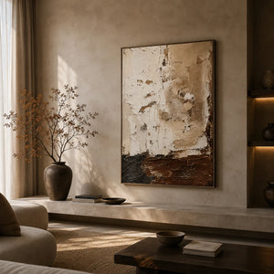Earthen Divide Abstract Wall Art styled in a living room | OILDECO