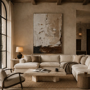 Earthen Divide Abstract Wall Art styled in a living room | OILDECO