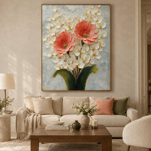 Coral Blossom Floral Wall Art styled in a neutral living room | OILDECO