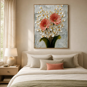 Coral Blossom Floral Wall Art displayed above a serene bedroom | OILDECO
