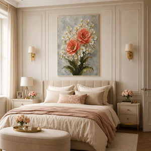Coral Blossom Floral Wall Art room scene 4 | Oildeco