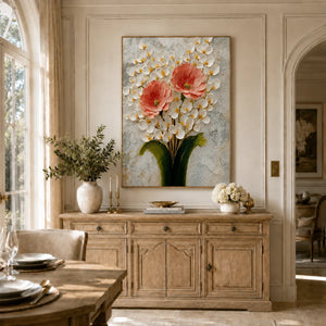 Coral Blossom Floral Wall Art styled in an elegant dining room | OILDECO
