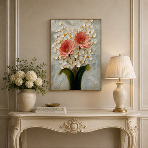 Coral Blossom Floral Wall Art displayed in a refined entryway | OILDECO
