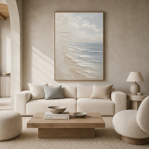 Quiet Shore Seascape Wall Art styled in a living room | OILDECO