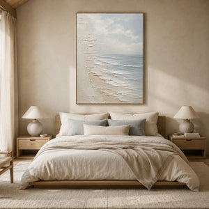 Quiet Shore Seascape Wall Art styled in a bedroom | OILDECO