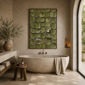 Olive Tile Textured Wall Art styled in a bathroom | OILDECO