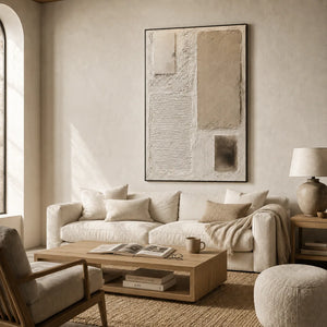 Soft Blocks Textured Wall Art shown in a calm bedroom setting | Oildeco