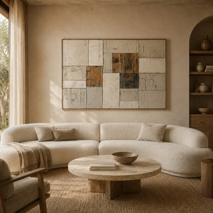 Ochre Patchwork Abstract Wall Art room scene 2 | OILDECO