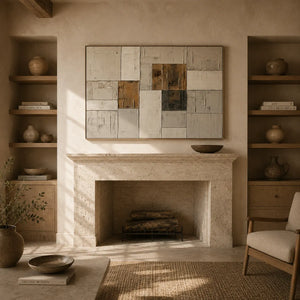 Ochre Patchwork Abstract Wall Art room scene 3 | OILDECO