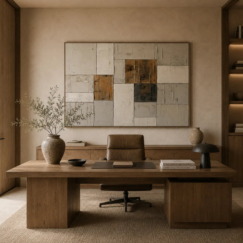 Ochre Patchwork Abstract Wall Art room scene 5 | OILDECO