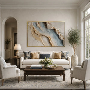 Blue Shore Textured Wall Art styled in a modern living room | Oildeco