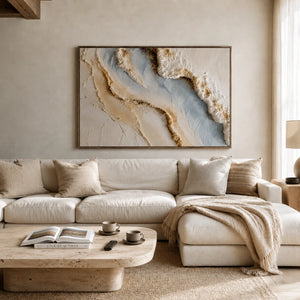 Blue Shore Textured Wall Art displayed above a sofa in a neutral interior | Oildeco