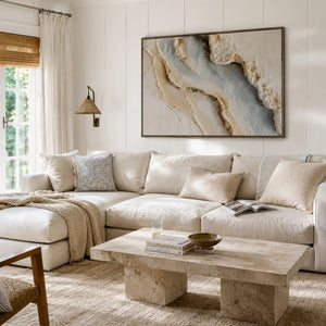 Blue Shore Textured Wall Art shown in a calm bedroom setting | Oildeco