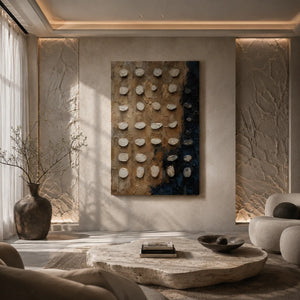 Pebble Grid Textured Wall Art shown in a calm bedroom setting | Oildeco