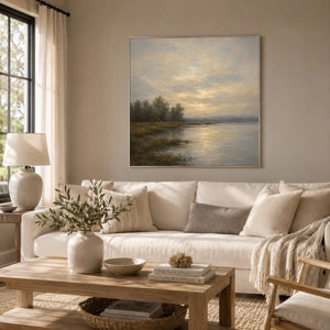 Misty Lake Landscape Wall Art room scene 1 | Oildeco