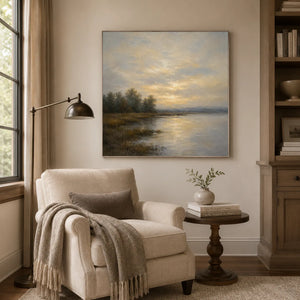 Misty Lake Landscape Wall Art room scene 2 | Oildeco