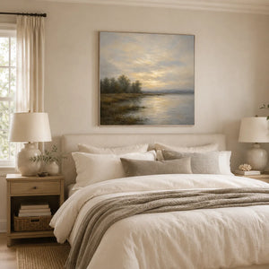 Misty Lake Landscape Wall Art room scene 3 | Oildeco