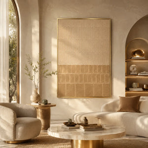 Sand Grid Textured Wall Art shown in a calm bedroom setting | Oildeco