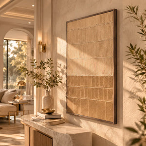 Sand Grid Textured Wall Art displayed in a bright dining room | Oildeco