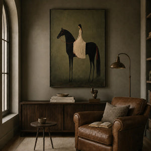 Rider in Olive Wall Art styled in a reading corner | OILDECO