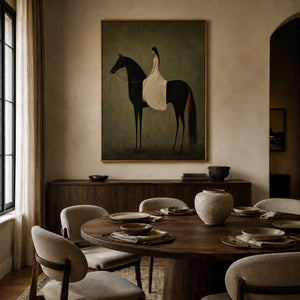 Rider in Olive Wall Art styled in a dining room | OILDECO