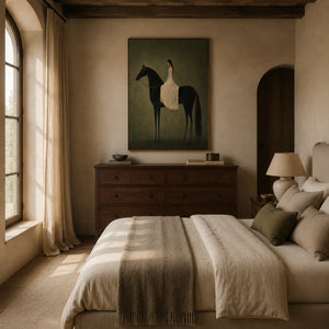 Rider in Olive Wall Art styled in a bedroom | OILDECO