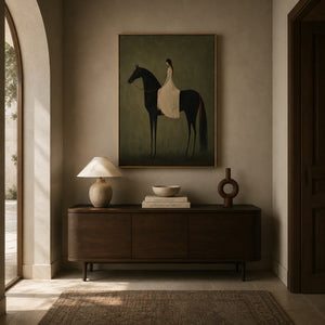 Rider in Olive Wall Art styled in a entryway | OILDECO